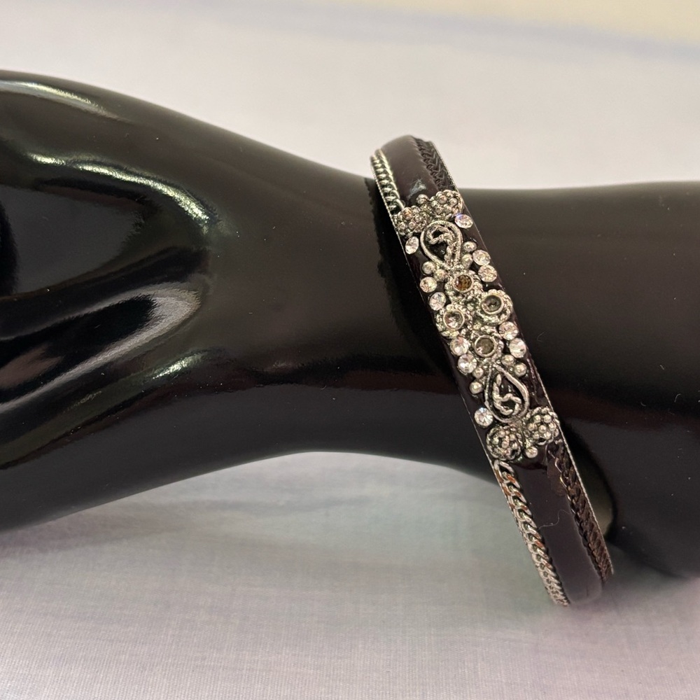 Black and Silver Bangle Bracelet with Rhinestone and Crystal Filigree Detail